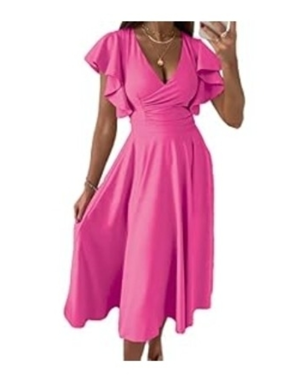 V-Neck Flutter Sleeve Midi Dress in Hot Pink